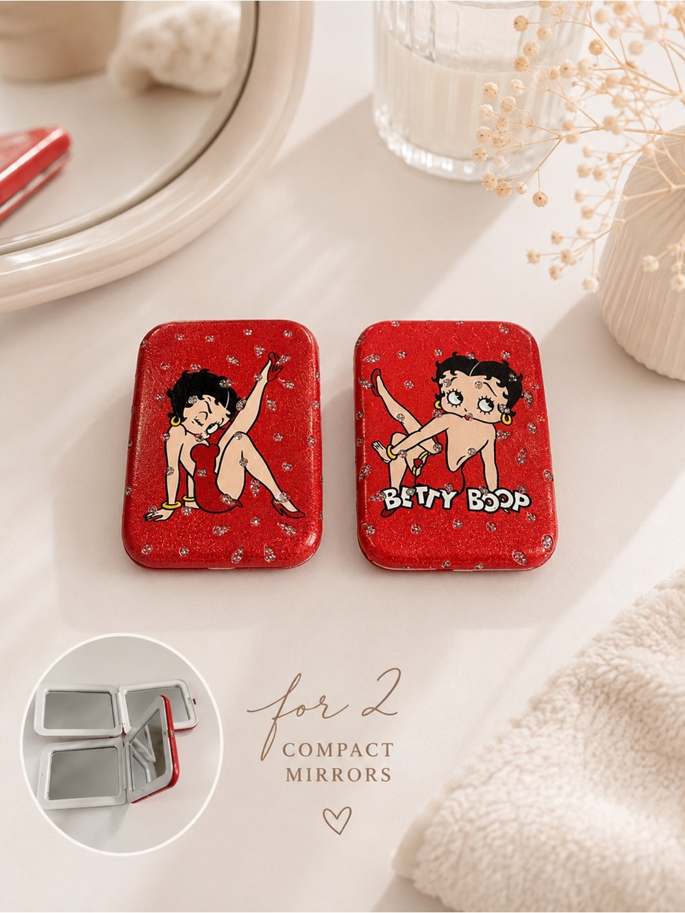 Set of 2- Betty Boop Red sparkly Compact Mirror vintage inspired 80’s cute gift